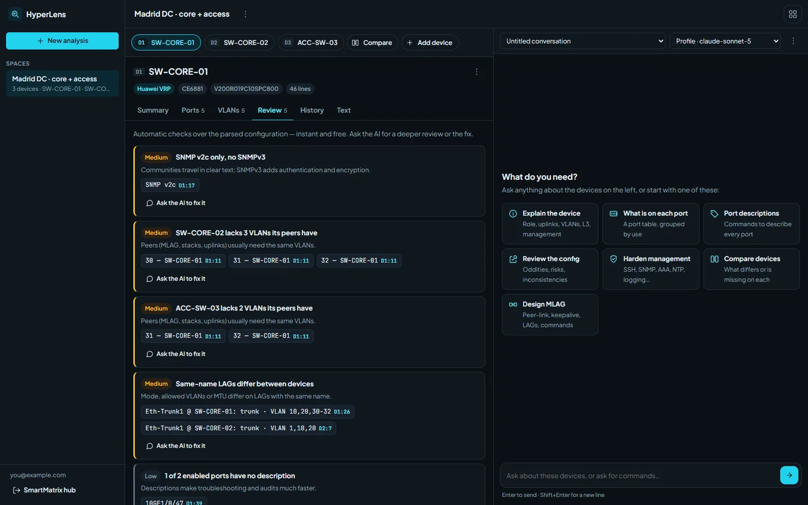 HyperLens space with two core switches and an access switch: the Review tab lists automatic findings with line references, the chat on the right offers quick actions